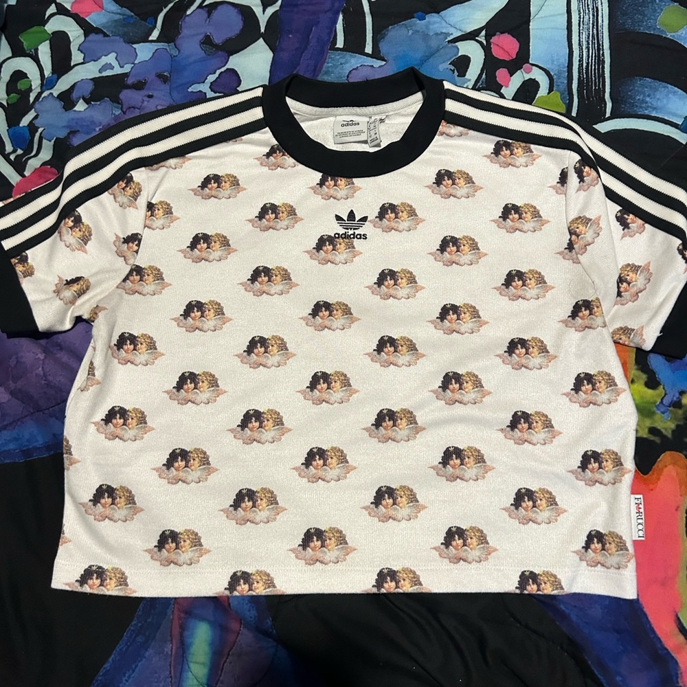 limited edition, rare adidas x fiorucci cropped angel t shirt.